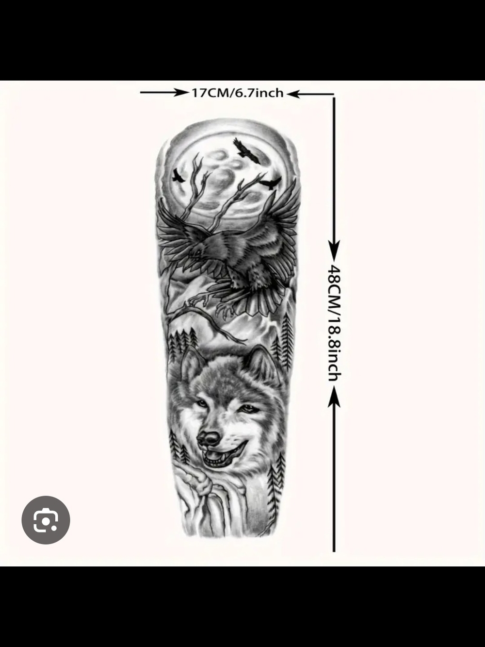 Black and Gray Wolf & Raven Full Sleeve Temporary Tattoo - Picture 4 of 4